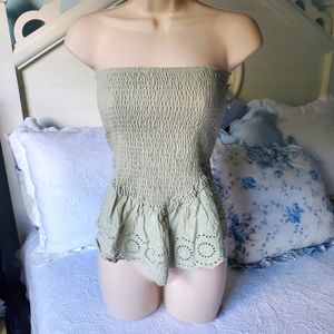 SHEIN Light Green Smocked Strapless Tube top with Eyelet Ruffle -Sz M